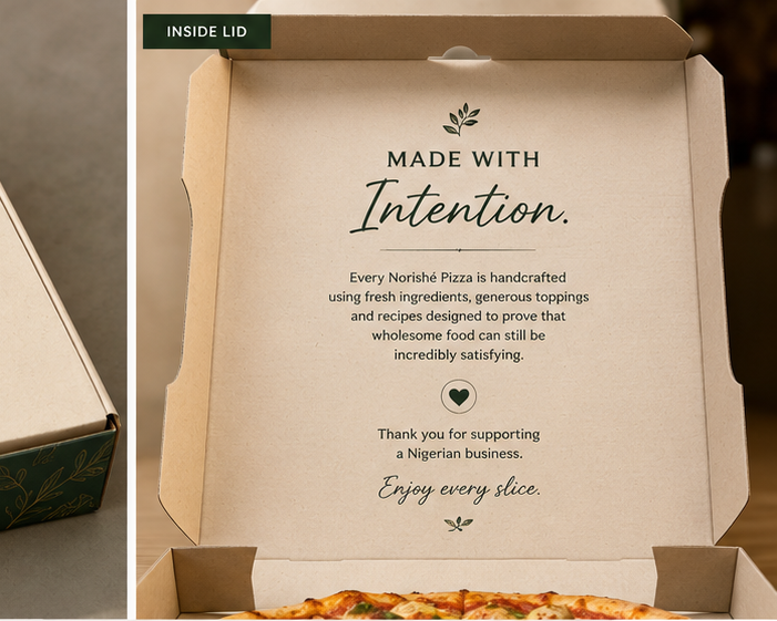 Inside the Norishé pizza box lid — Made With Intention